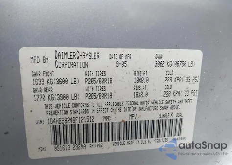 2006 Dodge Durango Limited z USA, uszkodzony, nr VIN 1D4HB58246F121512